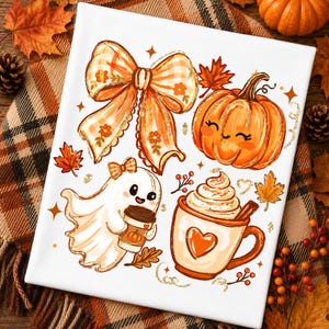 May include: A white rectangular print featuring a large orange gingham bow, a smiling pumpkin, a ghost holding a coffee cup, and a mug of hot cocoa with whipped cream and a cinnamon stick, all decorated with small orange autumn leaves and stars.