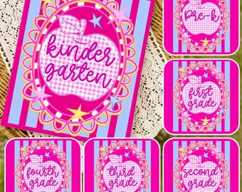 Gestreifte zurück zu Schule rosa Gingham Apfel Bündel Png, Erster Schultag Png, Pre-k Erste zweite dritte vierte Klasse Png, digitaler Download