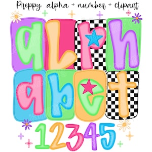 May include: A colorful digital graphic featuring the alphabet and numbers. The letters and numbers are in various bright colors, with decorative stars and floral accents. The text "Preppy alpha + number + clipart" is at the top.