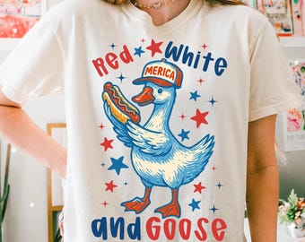 Preppy Red White And Feral PNG, Funny Goose USA Shirt Design, 4th of July Sublimation, Hotdog Goose, Merica PNG, Patriotic Clipart