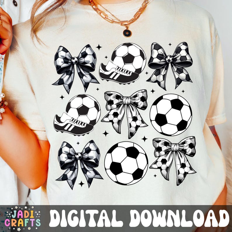 May include: Cream-coloured t-shirt with a soccer theme. The design includes soccer balls, soccer cleats, and bows with soccer ball patterns. The words "DIGITAL DOWNLOAD" are at the bottom of the image.