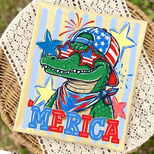 Gestreifter 4. Juli Alligator Boy PNG, lustiges Patriotisches 'Merica Alligator Shirt Design, amerikanische Flagge, USA Rot Weiß Blau Digitaler Download