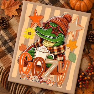 Stripes Cozy Season Alligator PNG, Fall Pumpkin PNG, Trending Fall Sublimation Design, Coquette Autumn Shirt PNG, Digital download