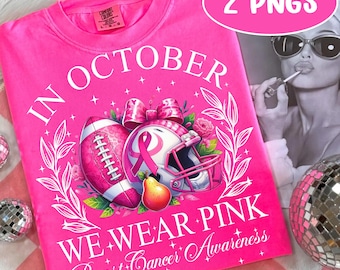 Casco de fútbol americano rosa preppy con concientización sobre el cáncer de mama PNG, camiseta de sublimación "We Wear Pink October", diseño floral con lazo de apoyo a los luchadores