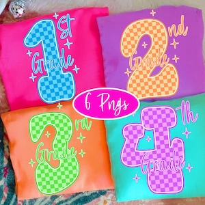 Colorful Checkered Neon Back to School PNG Bundle, Coquette Kindergarten Pre-K 1st 2nd 3rd 4th Grade Png, Hand Drawn, Girly Pink Bow Png