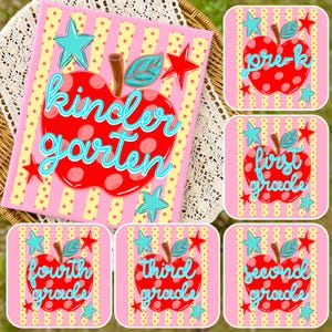 May include: A collection of rectangular signs featuring a red apple with polka dots, a brown stem, and a green leaf. The background has pink and yellow vertical stripes with turquoise and red stars. Text includes kindergarten, pre-k, first, second, third, and fourth grade.