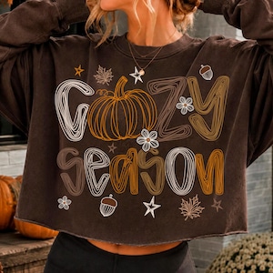 May include: A dark brown long-sleeve sweatshirt featuring a graphic print with the text "COZY SEASON" in a stylized, hand-drawn font. The design includes a central orange pumpkin, small white flowers, brown maple leaves, acorns, and stars.