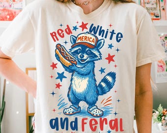 Adrettes Rot, Weiß und Wilde PNG, lustiger Waschbär USA Shirt Design, 4. Juli Sublimation, Hotdog Waschbär, Merica PNG, Patriotische Clipart