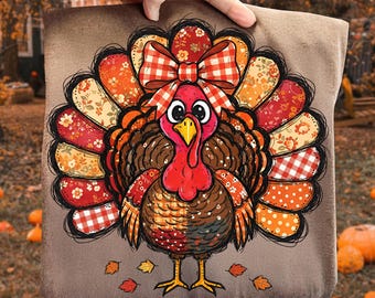 Preppy Turkey Png, Patchwork Thankful Coquette Png, Thanksgiving Png, Grateful Thankful Blessed Png, Fall Png, Christian Thanksgiving Png