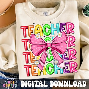 Preppy Teacher Coquette Png, Back to School Png, Teacher Appreciation Png, First Day of School Png, Bright Doodle Dots, Retro Teacher png
