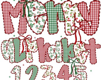 Christmas Lace Alphabet PNG, Coquette Bubble Letters A-Z & Numbers 0–9, Checkered Red Plaid, Merry Christmas Sublimation Font Bundle