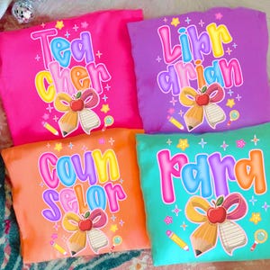 Preppy Custom Teacher Back to School PNG Bundle, Neon Coquette Bow PNG for Counselor, Librarian, Para, Girly Pink Preppy Sublimation