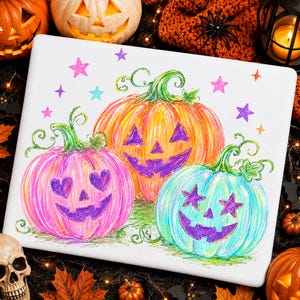 May include: A white rectangular surface featuring a colorful crayon-style drawing of three jack-o'-lanterns. The left pumpkin is pink with heart-shaped eyes, the center is orange with triangular eyes, and the right is light blue with star-shaped eyes.