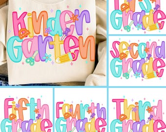 Back to School PNG Bundle, Preppy Teacher & Student Shirt Designs, Retro First Day Sublimation, Pre-K Kindergarten 1st Grade PNG