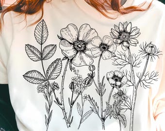 Retro Wildflower Bouquet PNG, Vintage Floral T-Shirt Design, Boho Coquette Sublimation, Whimsical Flower PNG, Spring Trendy Shirt Art