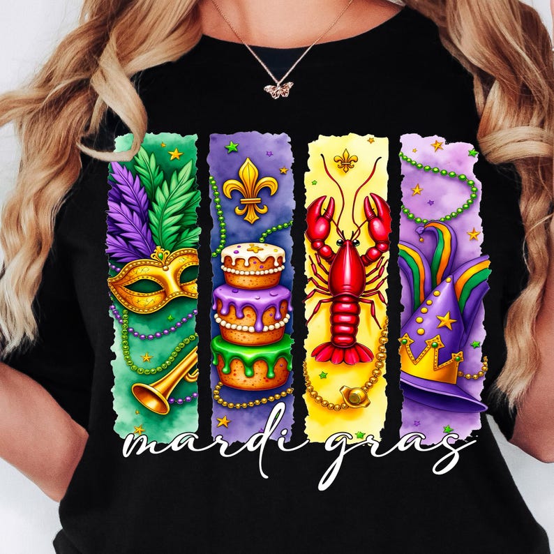 May include: Black t-shirt with a colorful Mardi Gras design. The design features a king cake, a fleur-de-lis, a crawfish, a mask, and a jester's hat. The text "Mardi Gras" is written below the design.