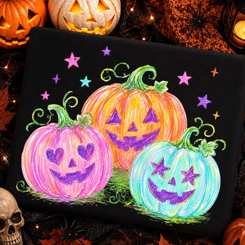 May include: A black fabric surface featuring a colorful illustration of three jack-o'-lanterns. The left pumpkin is pink with heart-shaped eyes, the center is orange, and the right is light blue with star-shaped eyes, all with purple faces.
