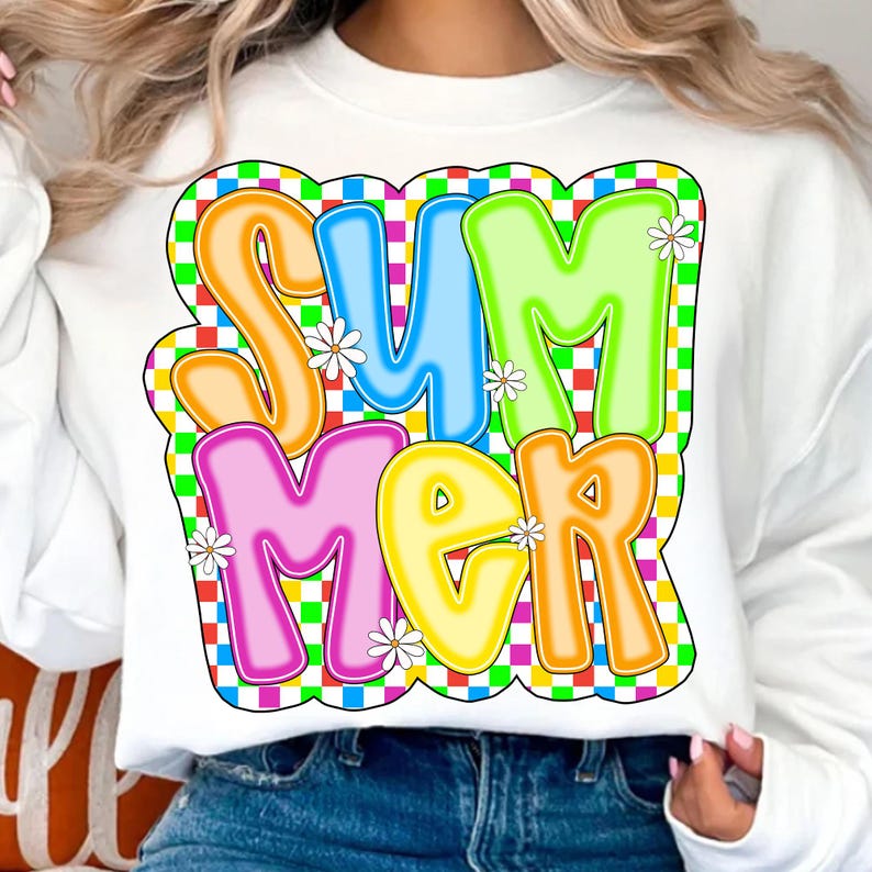 May include: White sweatshirt with a colorful "Summer" graphic. The letters are outlined in neon colors and have a checkered background.