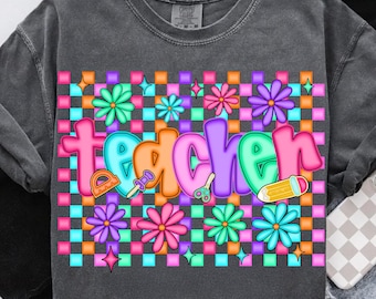 Preppy Teacher PNG, Floral Teacher Sublimation, Teacher Gift Shirt Design, Back to School Clipart, Retro Last Day, Summer Teacher PNG