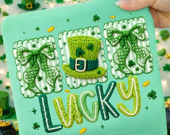 latch hook yarn Preppy Lucky St Patrick's Coquette Bow PNG, Faux Yarn Lucky Shirt Design, St. Patty's Sublimation Design, Irish Shamrock Png