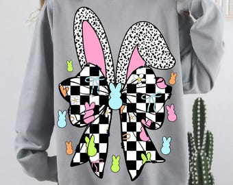 Retro Easter Bunny Coquette PNG, Happy Easter Png, Pink Easter Bow Png, Retro Checkered Easter Png, Easter bunny Png, Girls Pink Easter Png