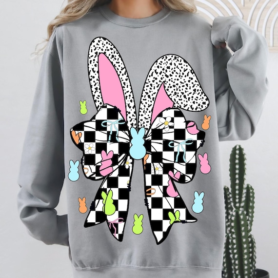 Retro Easter Bunny Coquette PNG, Happy Easter Png, Pink Easter Bow Png, Retro Checkered Easter Png, Easter bunny Png, Girls Pink Easter Png
