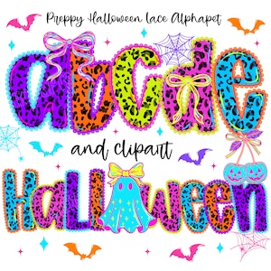 Halloween Alphabet Png, Preppy Neon Spooky Lace Letters, Bat Ghost Pumpkin, Spooky Season, Hand Drawn Brushstroke Letters, Font Png