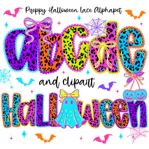 Halloween Alphabet Png, Preppy Neon Spooky Lace Letters, Bat Ghost Pumpkin, Spooky Season, Hand Drawn Brushstroke Letters, Font Png