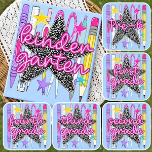 May include: A light blue rectangular sign featuring a black and white speckled star with the pink text kindergarten. The background includes illustrations of pencils, rulers, and scissors, with small yellow, pink, and purple star accents.