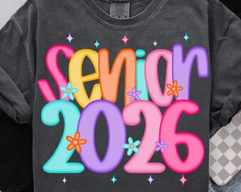Preppy Senior 2026 PNG, chemise florale de remise des diplômes 2026, Design rétro mignon en sublimation Senior, Girly coloré téléchargement numérique