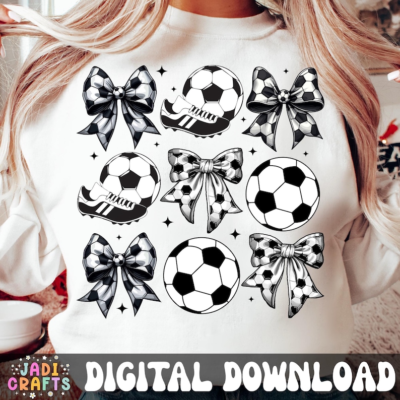 May include: White sweatshirt with a soccer theme design. The design includes soccer balls, soccer cleats, and bows with soccer ball patterns. The text "DIGITAL DOWNLOAD" is at the bottom. The brand name "JADI CRAFTS" is also visible.