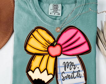 Preppy Coquette Teacher PNG, Personalized Name Pencil Design, Back To School Png, Teacher Bow PNG, Cute Appreciation Gift Sublimation