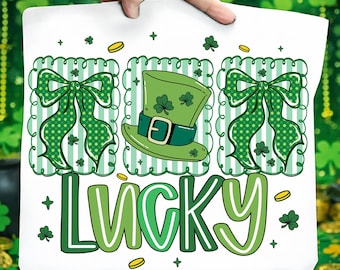 Preppy Lucky St Patrick's Coquette Bow PNG, Retro Lucky Shirt Design, St. Patty's Sublimation Design, Irish Shamrock Digital Download