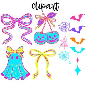 Peut inclure: &Eacute;l&eacute;ments de cliparts color&eacute;s sur fond blanc. Comprend des n&oelig;uds, des cerises citrouilles, des chauves-souris, des toiles d'araign&eacute;es, un fant&ocirc;me et des &eacute;toiles. Le mot "clipart" est &eacute;crit en script noir.