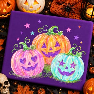 May include: A rectangular purple surface featuring a colorful illustration of three jack-o'-lanterns. The left pumpkin is pink with heart-shaped eyes, the center is orange, and the right is light blue with star-shaped eyes, all with purple carved faces.