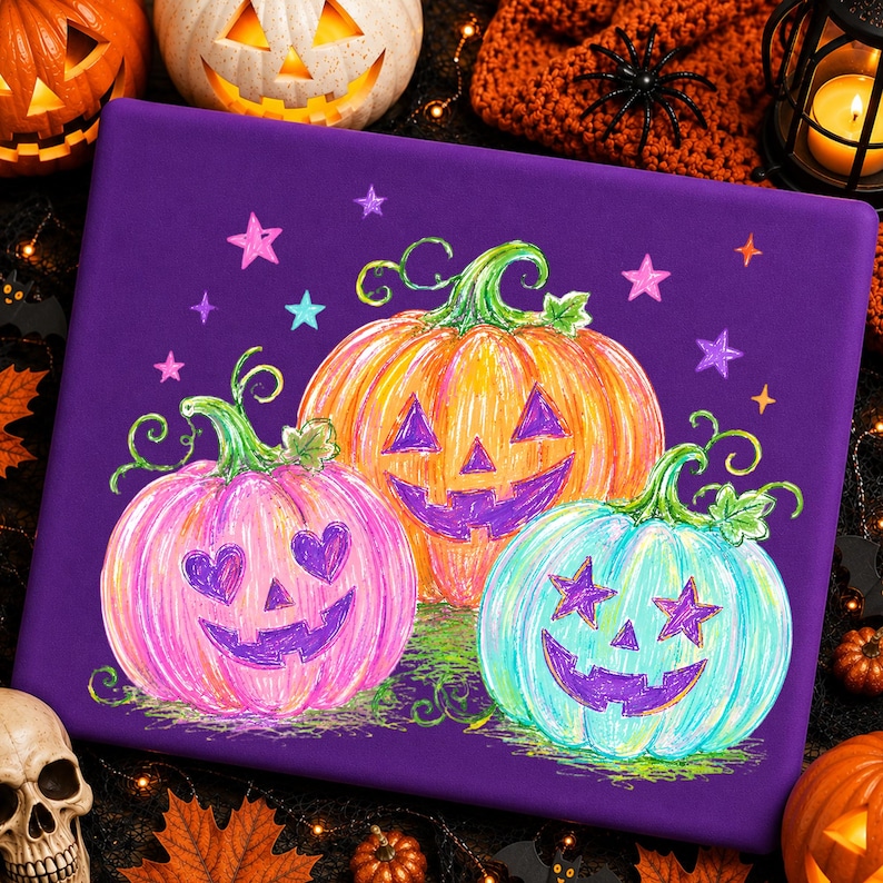 May include: A rectangular purple surface featuring a colorful illustration of three jack-o'-lanterns. The left pumpkin is pink with heart-shaped eyes, the center is orange, and the right is light blue with star-shaped eyes, all with purple carved faces.