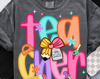 Preppy 100 days of school Teacher PNG, Floral Pencil Bow Name Tag PNG, Custom Teacher Sublimation, Cute First Day School PNG, Teacher Png