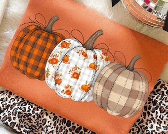 Retro Fall Pumpkin PNG: Plaid & Floral Clipart (Digital Download