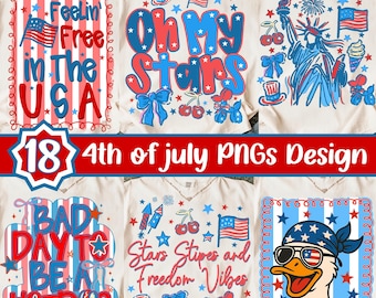 May include: A collection of six white t-shirts with patriotic designs for the 4th of July. The designs include text like "Feelin' Free in the USA" and "Oh My Stars", along with American flags, stars, and fireworks. The image also includes the text "18 4th of July PNGs Design".