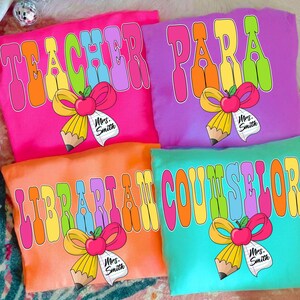 Custom Teacher Back to School PNG Bundle, Neon Coquette Bow PNG for Counselor, Librarian, Para, Girly Pink Preppy Sublimation
