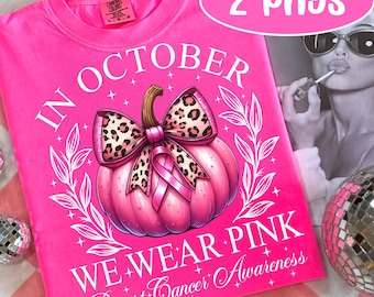 Breast Cancer Awareness PNG, In October We Wear Pink Sublimation, Leopard Ribbon Bow Pumpkin Shirt Design for Women Fall Support Gift