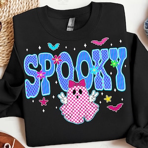 Neon Spooky Ghost PNG, Preppy Pink Checkered Halloween Sublimation, Cute Ghost Shirt Design, Peace Sign Ghost Clipart, Spooky Season PNG