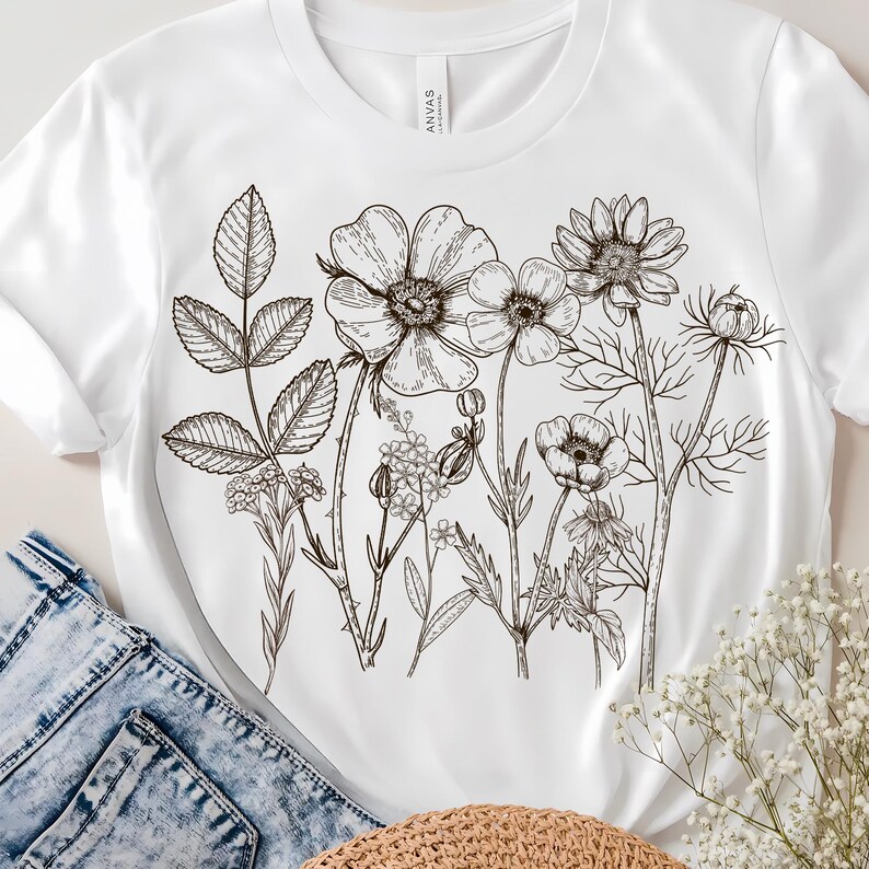 Bukiet kwiatów polnych w stylu retro PNG, Vintage kwiatowy wzór koszulki, Boho kokietka sublimacja, Fantazyjny kwiat PNG, Wiosenna modna sztuka koszuli zdjęcie 2