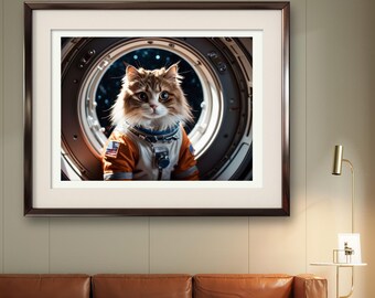 Könnte beinhalten: Ein gerahmtes Foto einer Katze in einem Astronautenanzug, die aus einem Raumschiff-Fenster schaut. Die Katze schaut direkt in die Kamera mit einem neugierigen Ausdruck. Der Hintergrund ist ein dunkelblauer Weltraum mit Sternen.
