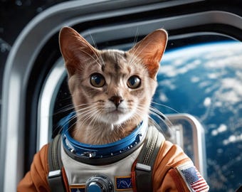 Könnte beinhalten: Eine Tabby-Katze in einem orange-weißen Astronautenanzug mit einem blauen Kragen, die aus einem Raumschiff-Fenster auf die Erde blickt.