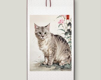 May include: A watercolor painting of a gray tabby cat sitting in a field of pink and red flowers. The cat is looking directly at the viewer with a serious expression.