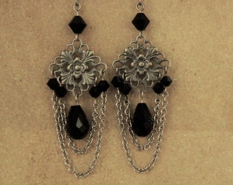 Chandelier Earrings, Black Earrings, Black Crystal Earrings, Gifts for Her, Goth Earrings, Dangle, Phantom of the Opera