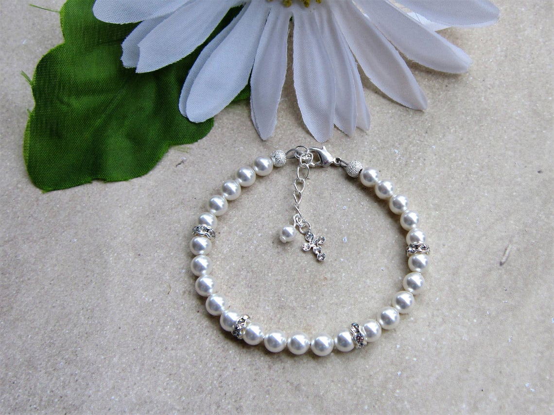 First Communion Bracelet Girls Pearl Bracelet First Communion Etsy