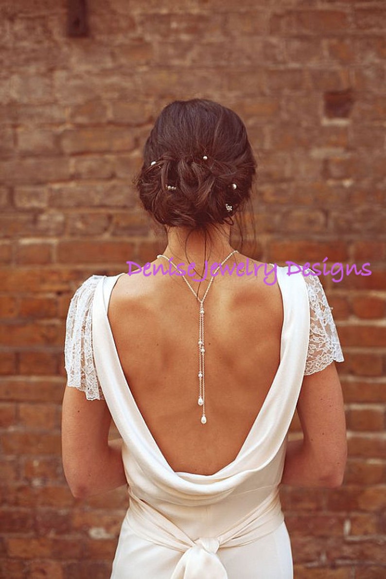 Backdrop Necklace, Bridal Back Necklace, Bridal Jewelry, Pearl Back Jewelry, Gift for Bridesmaids, Tie Lariat Necklace, Love Me Do Back Drop image 1