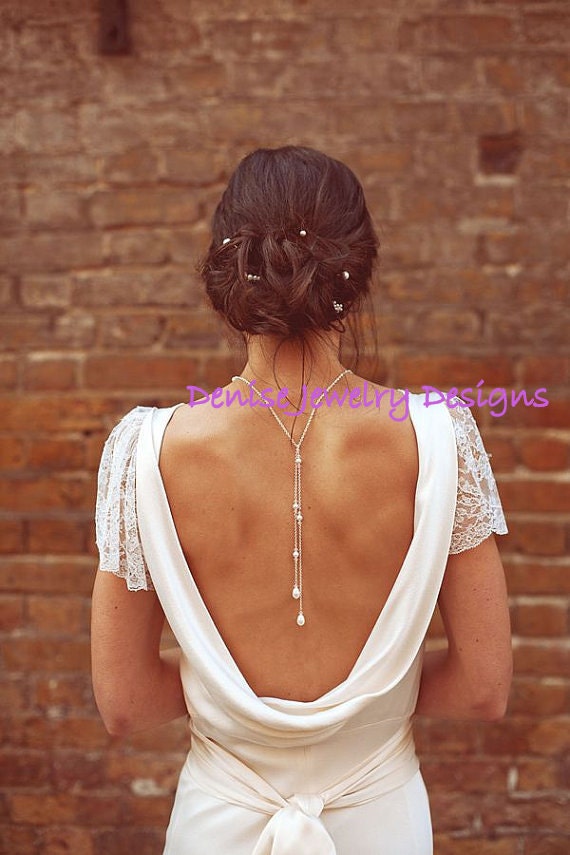 Backdrop Necklace, Bridal Back Necklace, Bridal Jewelry, Pearl Back Jewelry, Gift for Bridesmaids, Tie Lariat Necklace, Love Me Do Back Drop